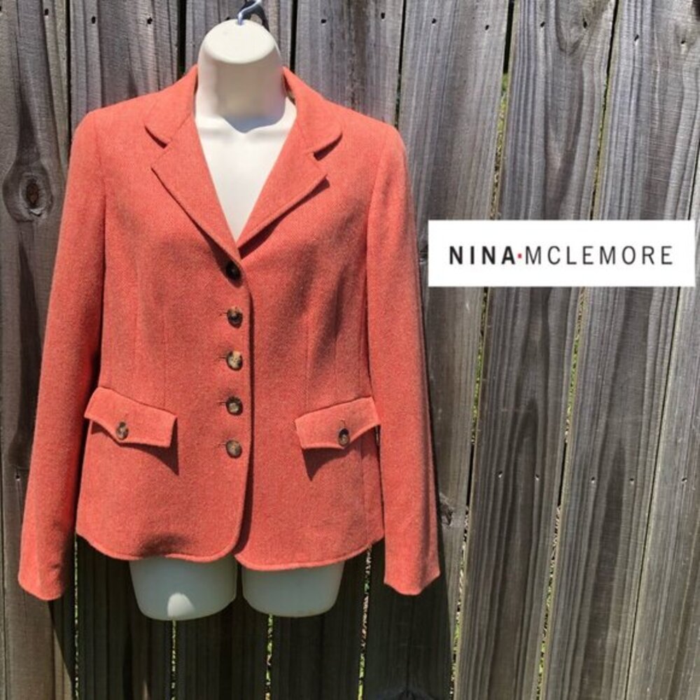 Nina Mclemore Wool Blazer 4 Small Pink Orange Silk Jacket Top Button Long Sleeve